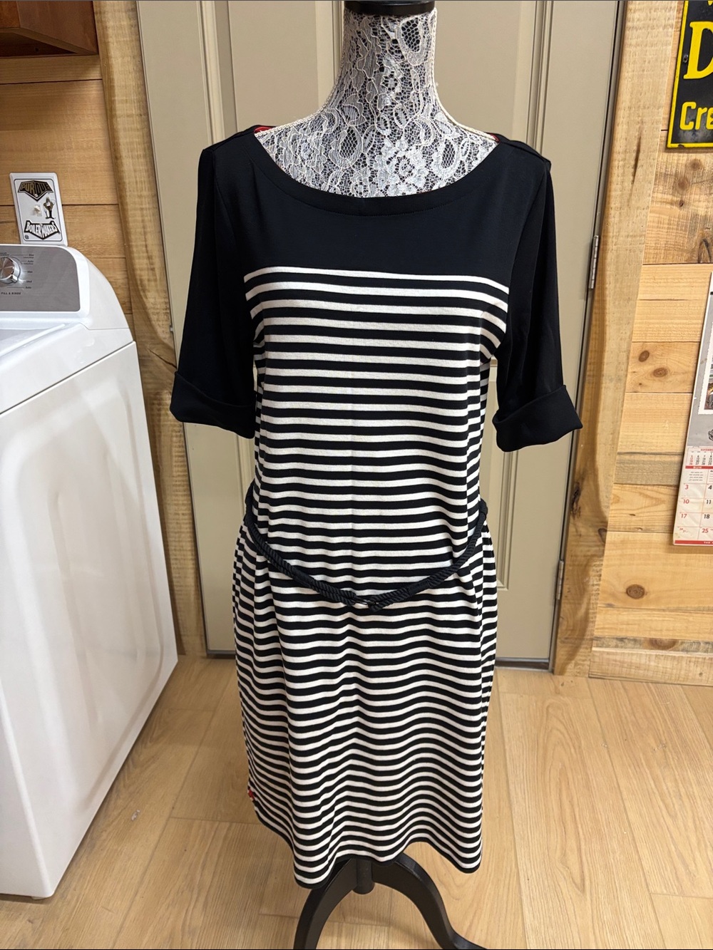 Lauren Ralph Lauren Black and White Striped Boatneck Midi Dress